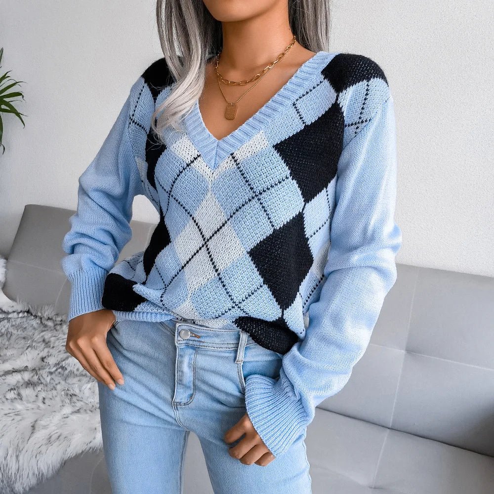 Bettina | Vinter Argyle V-Hals Sweater til Kvinder