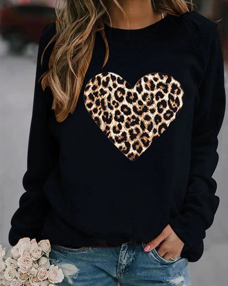 Helle | Vinter Leopard Hjerteprint Dame Sweatshirt