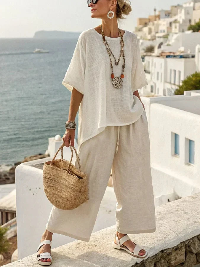 Afslappet Linned Sæt med Ensfarvet T-shirt