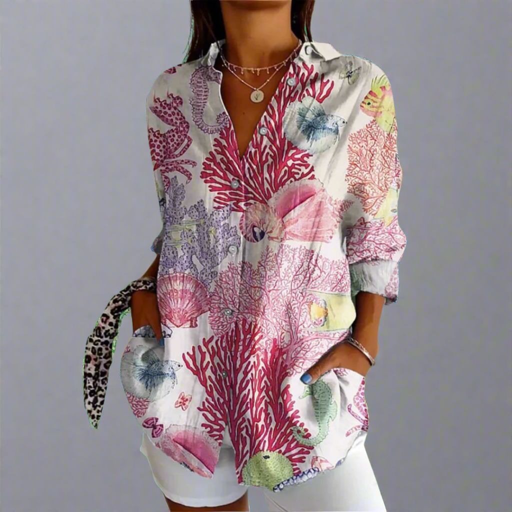 Delia | Klassisk Bluse i Kvalitetsstof med Håndlavede Detaljer