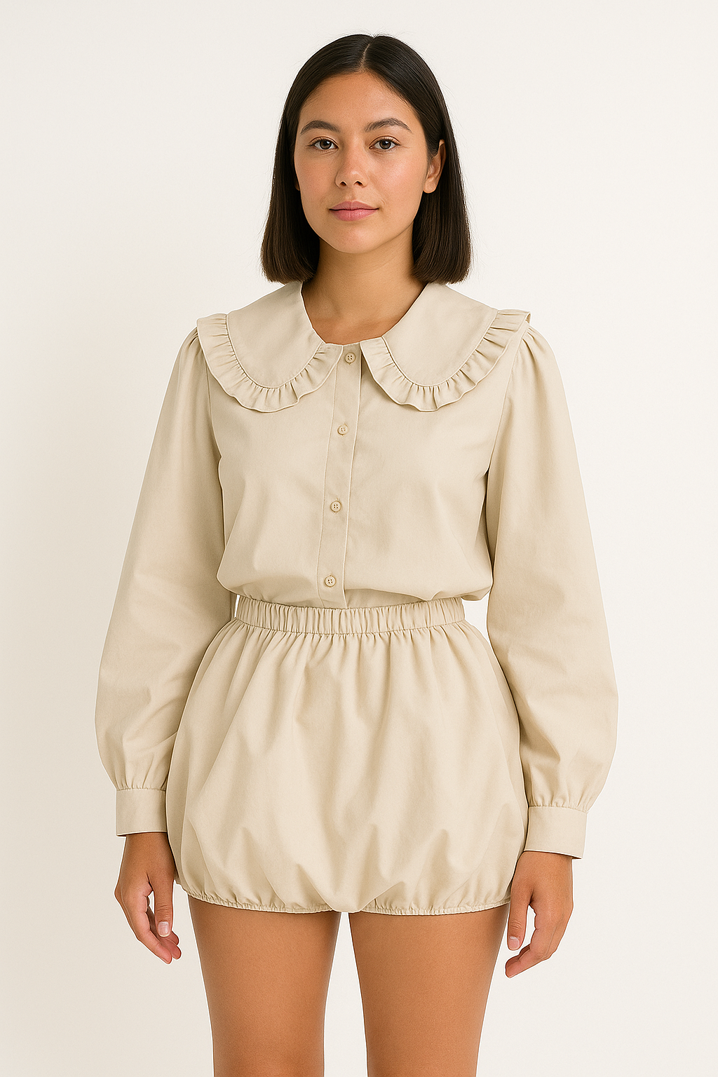 Kvinders bluse i bomuldsblanding med flæsekrave