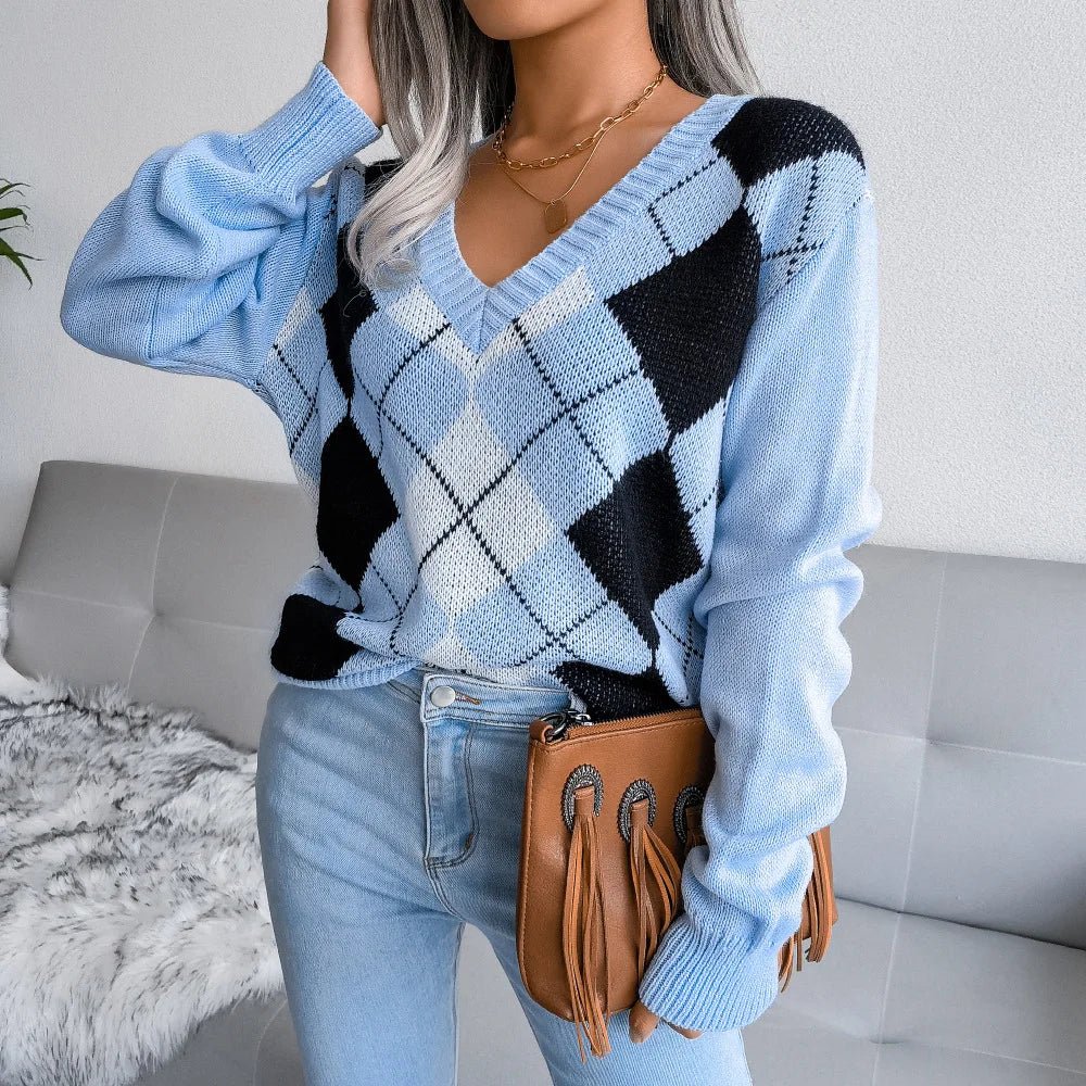 Bettina | Vinter Argyle V-Hals Sweater til Kvinder