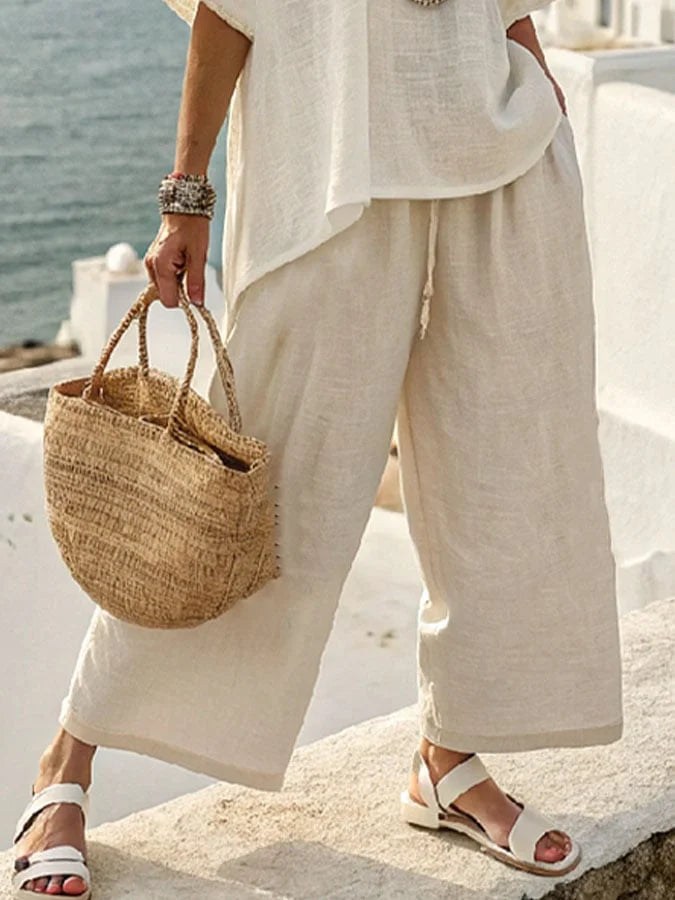 Afslappet Linned Sæt med Ensfarvet T-shirt