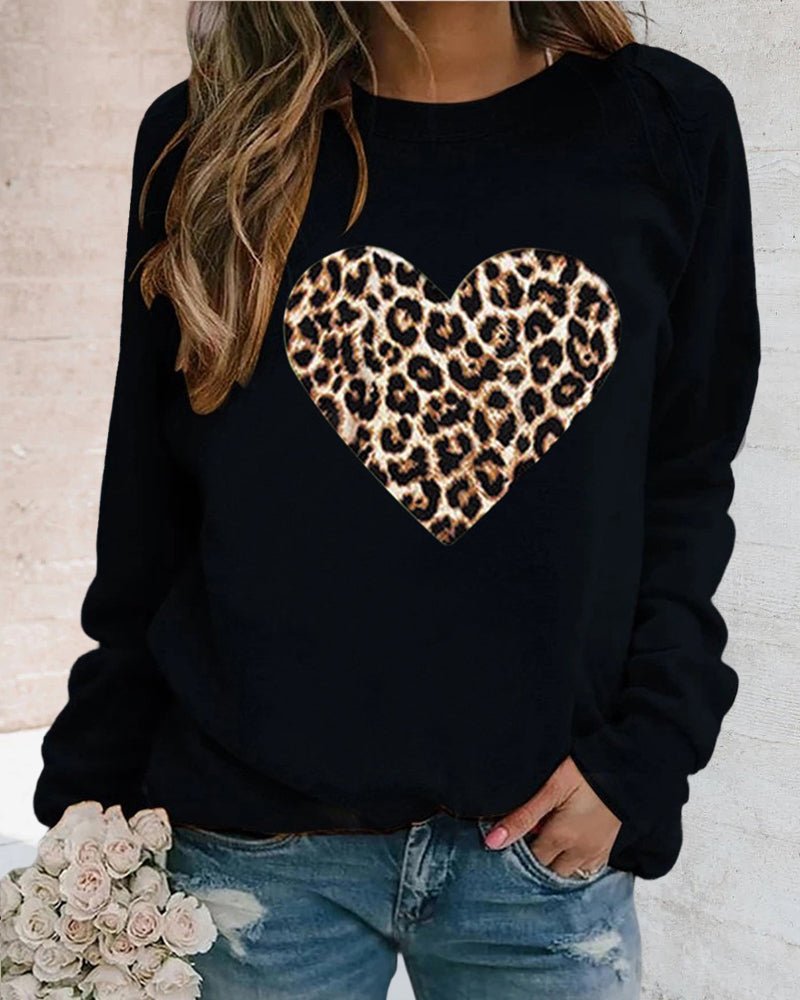 Helle | Vinter Leopard Hjerteprint Dame Sweatshirt